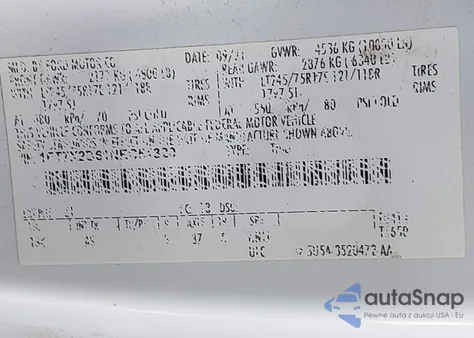 2022 Ford F-250 Xl z USA, uszkodzony, nr VIN 1FT7X2B61NEC54320